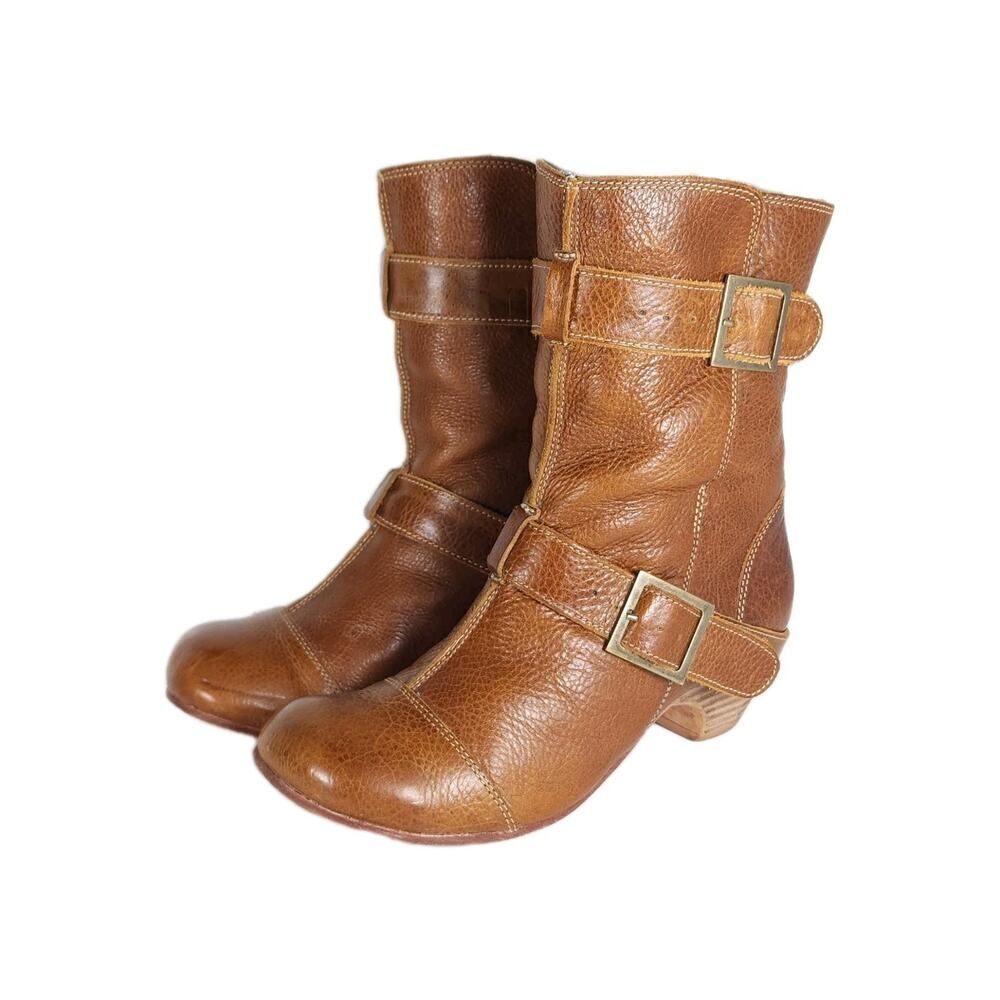 Gee WaWa Women's US 6 Brown Leather Buckle Straps Ankle Moto Biker Booties